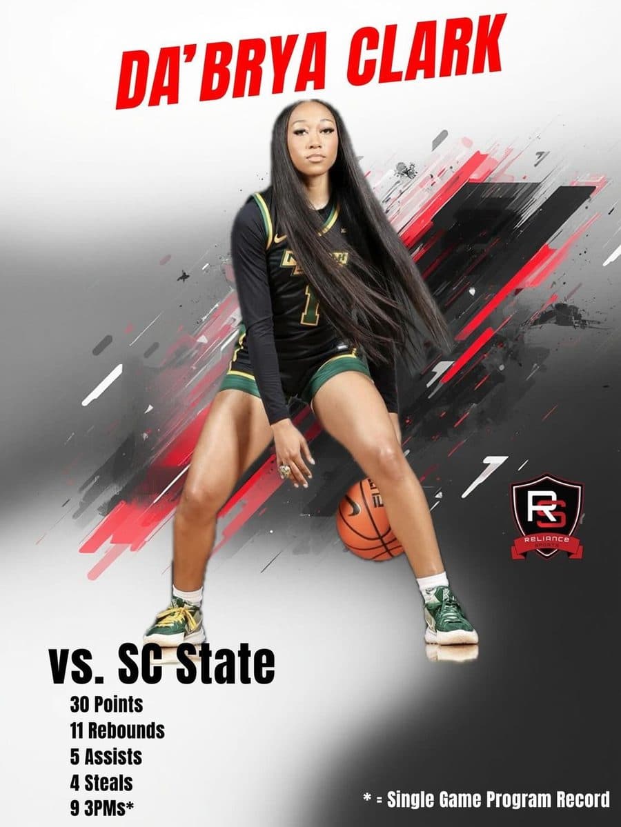 Da'Brya Clark stat graphic — 30 points, 11 rebounds against SC State