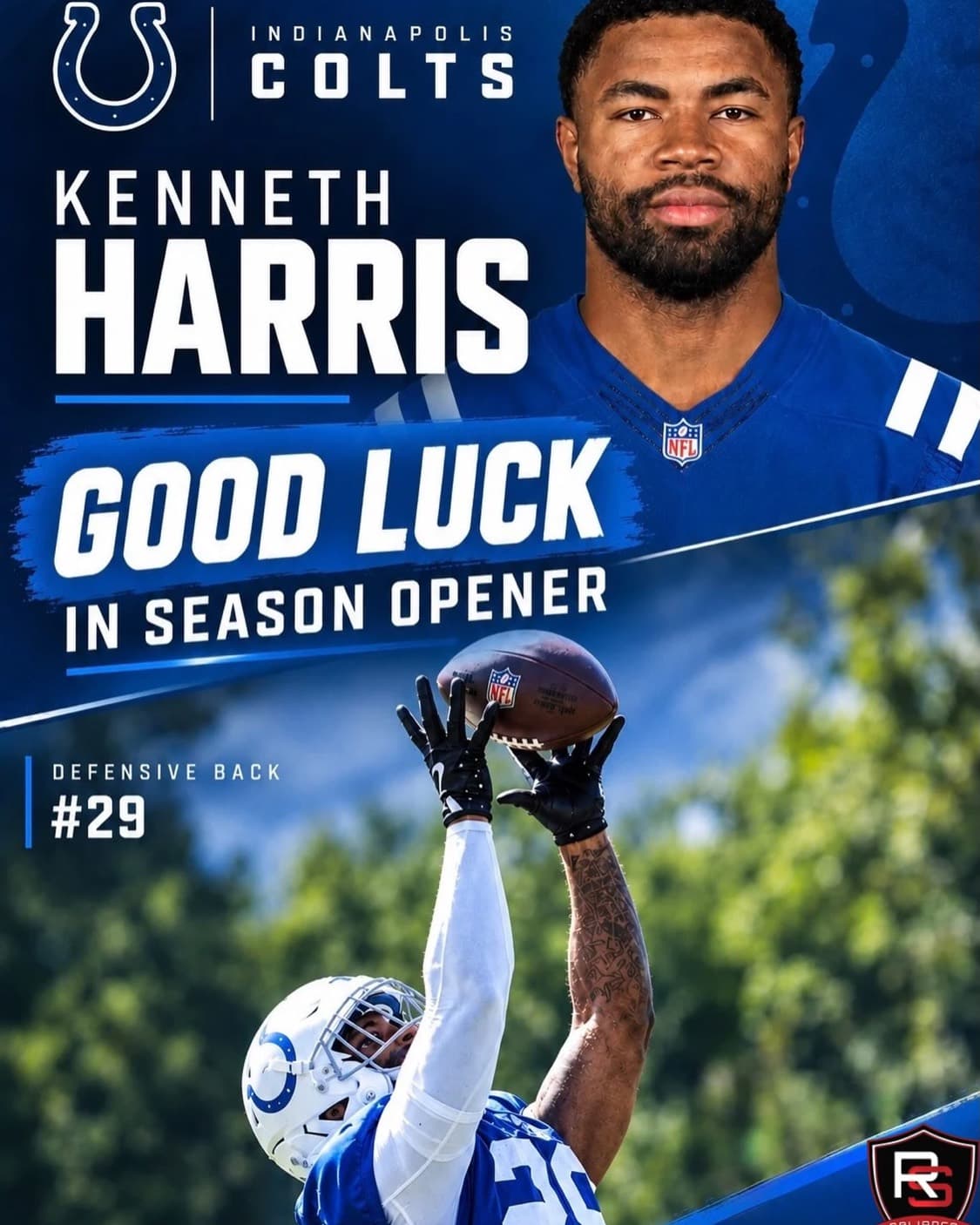 Indianapolis Colts graphic wishing Kenneth Harris good luck in the season opener