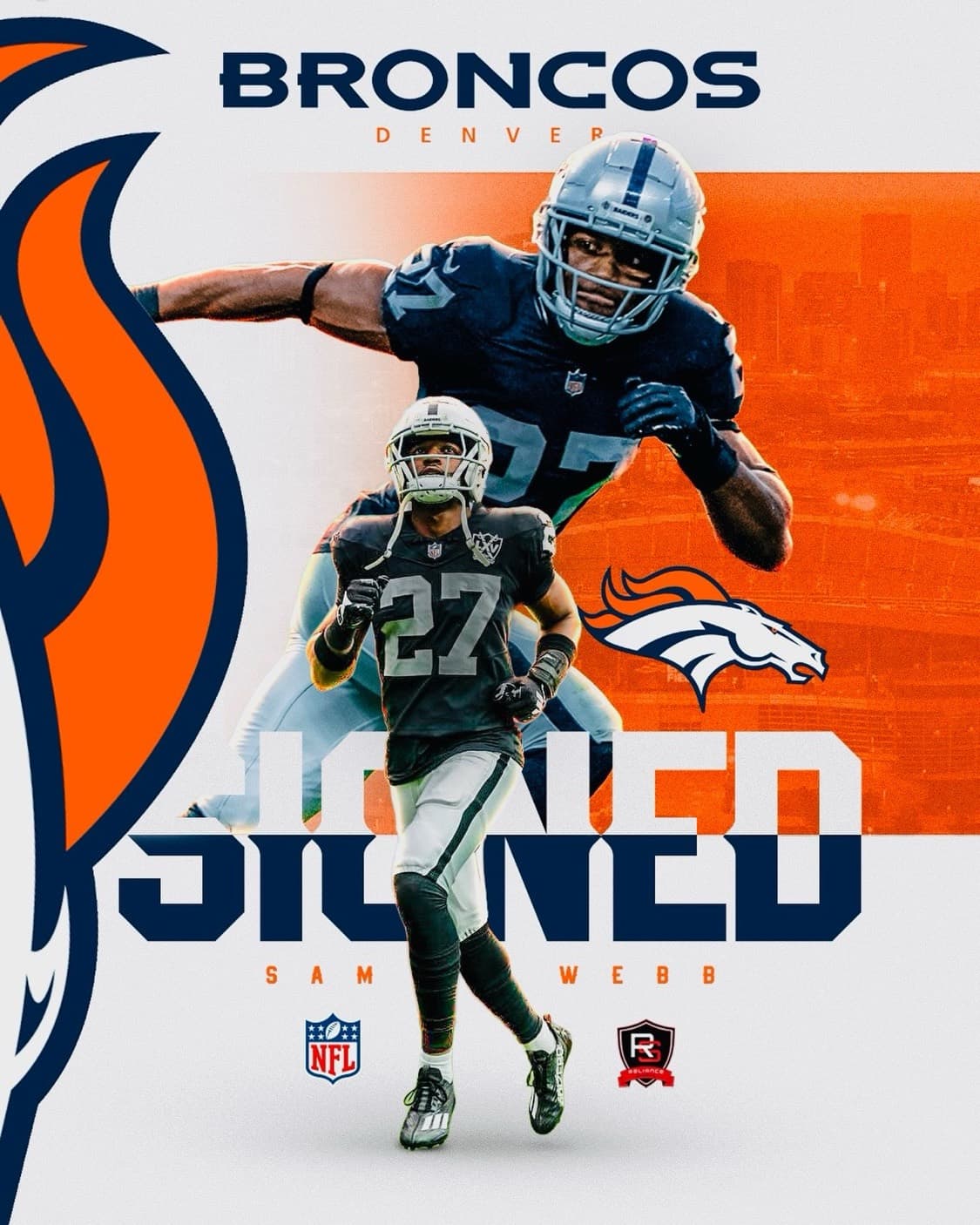 Reliance graphic announcing Samuel Webb signing with the Denver Broncos