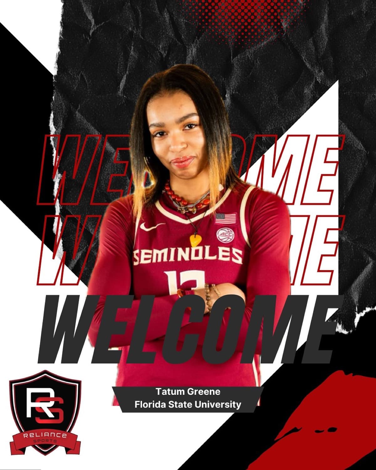 Reliance welcome graphic for Florida State guard Tatum Greene