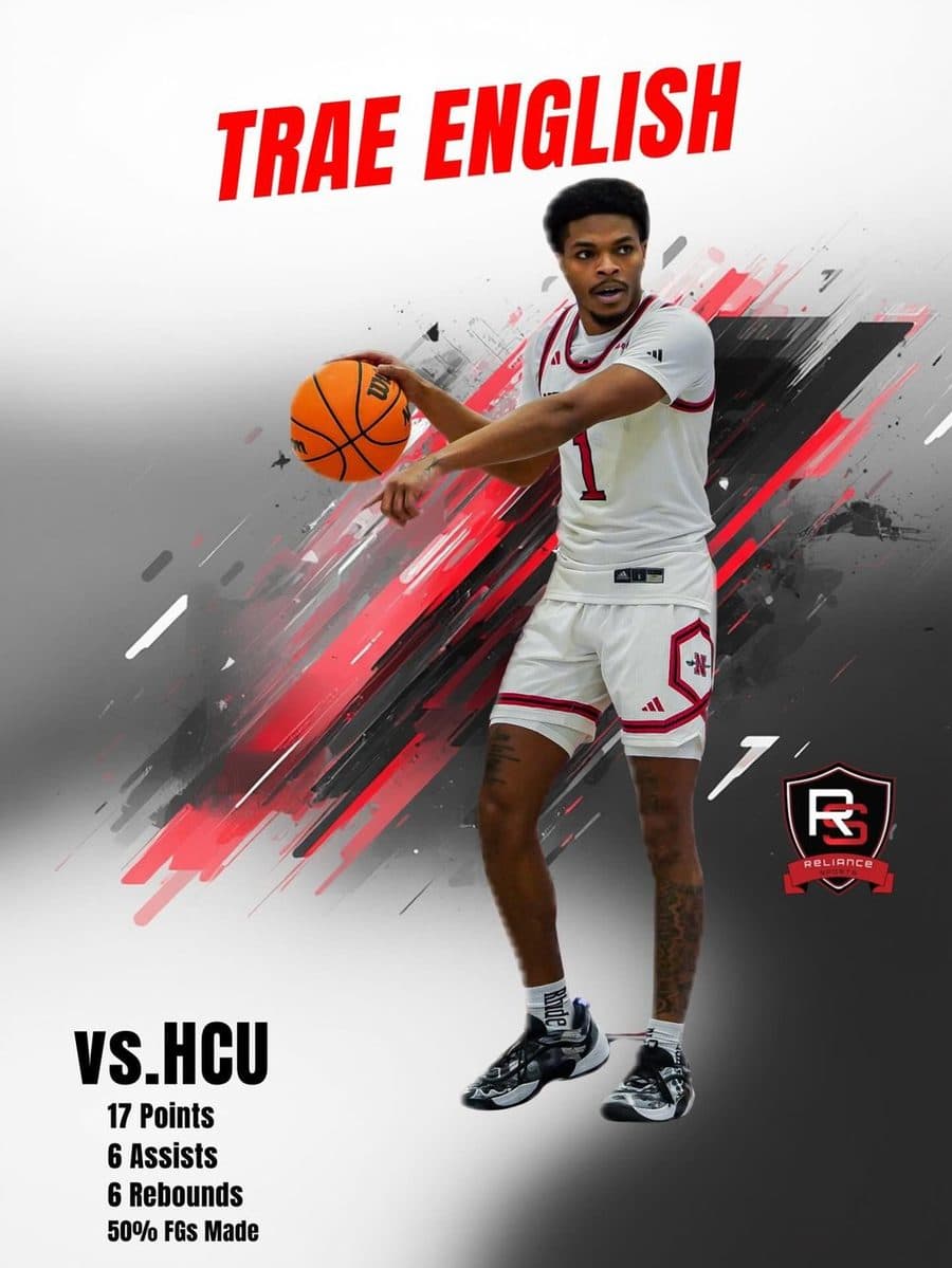 Trae English stat graphic — 17 points, 6 assists, 6 rebounds vs HCU