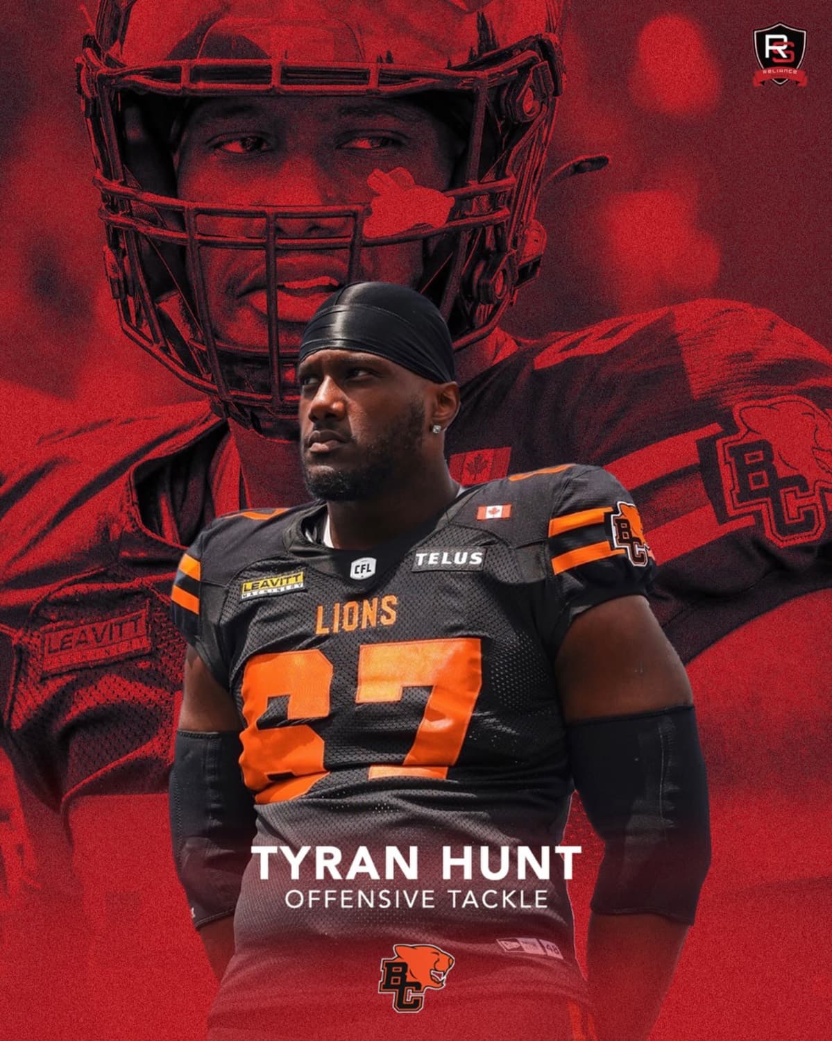 Reliance graphic for Tyran Hunt starting for the BC Lions